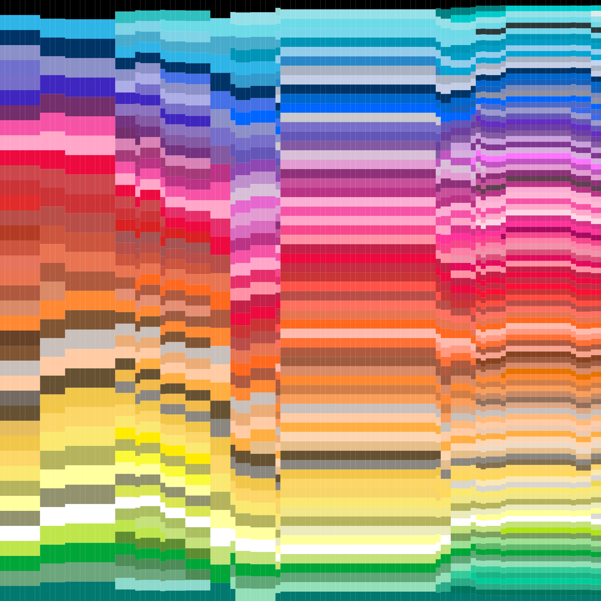 Grids of coloured blocks in a vaguely rainbow-like ordering