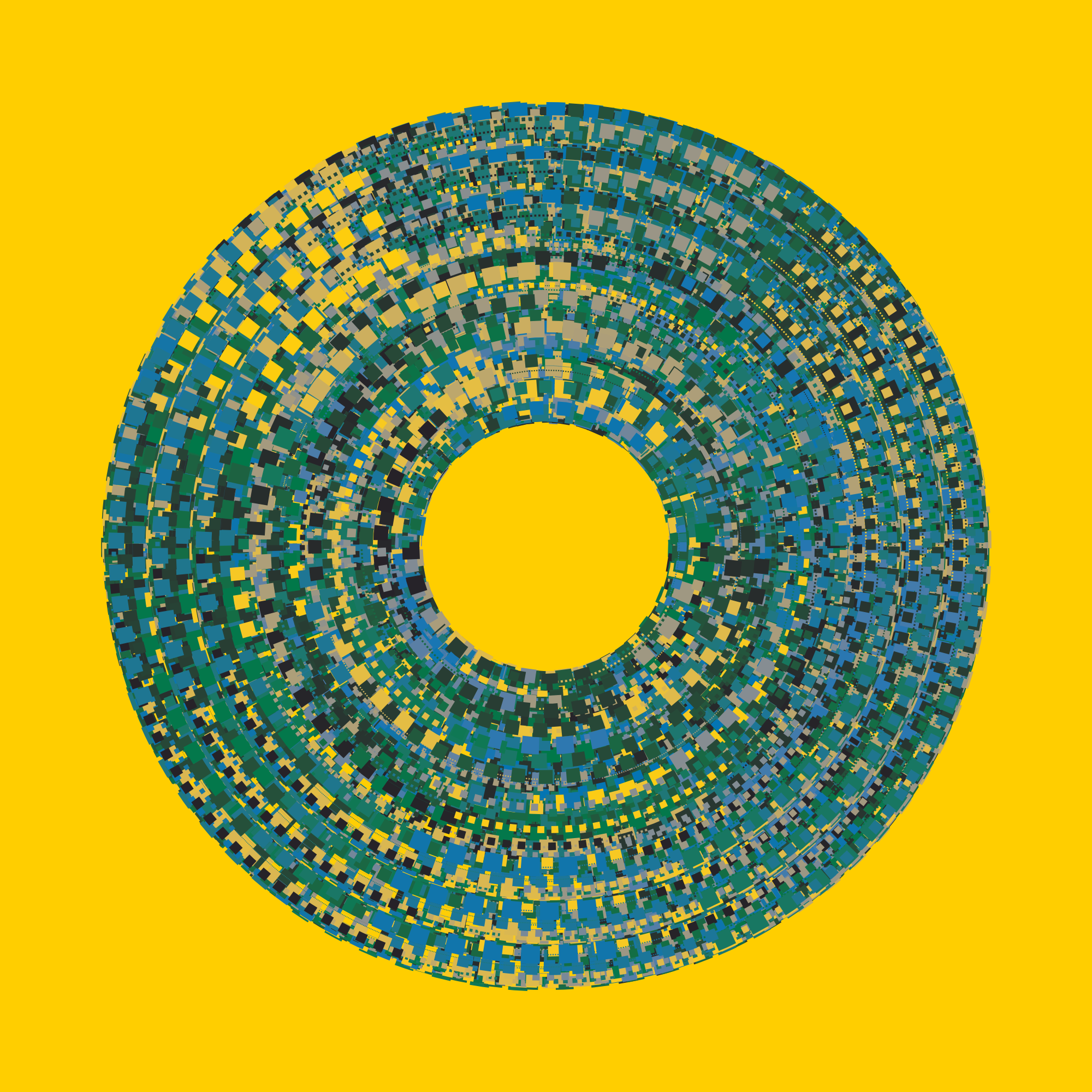 Many blue and yellow rectangles arranged in concentric circles