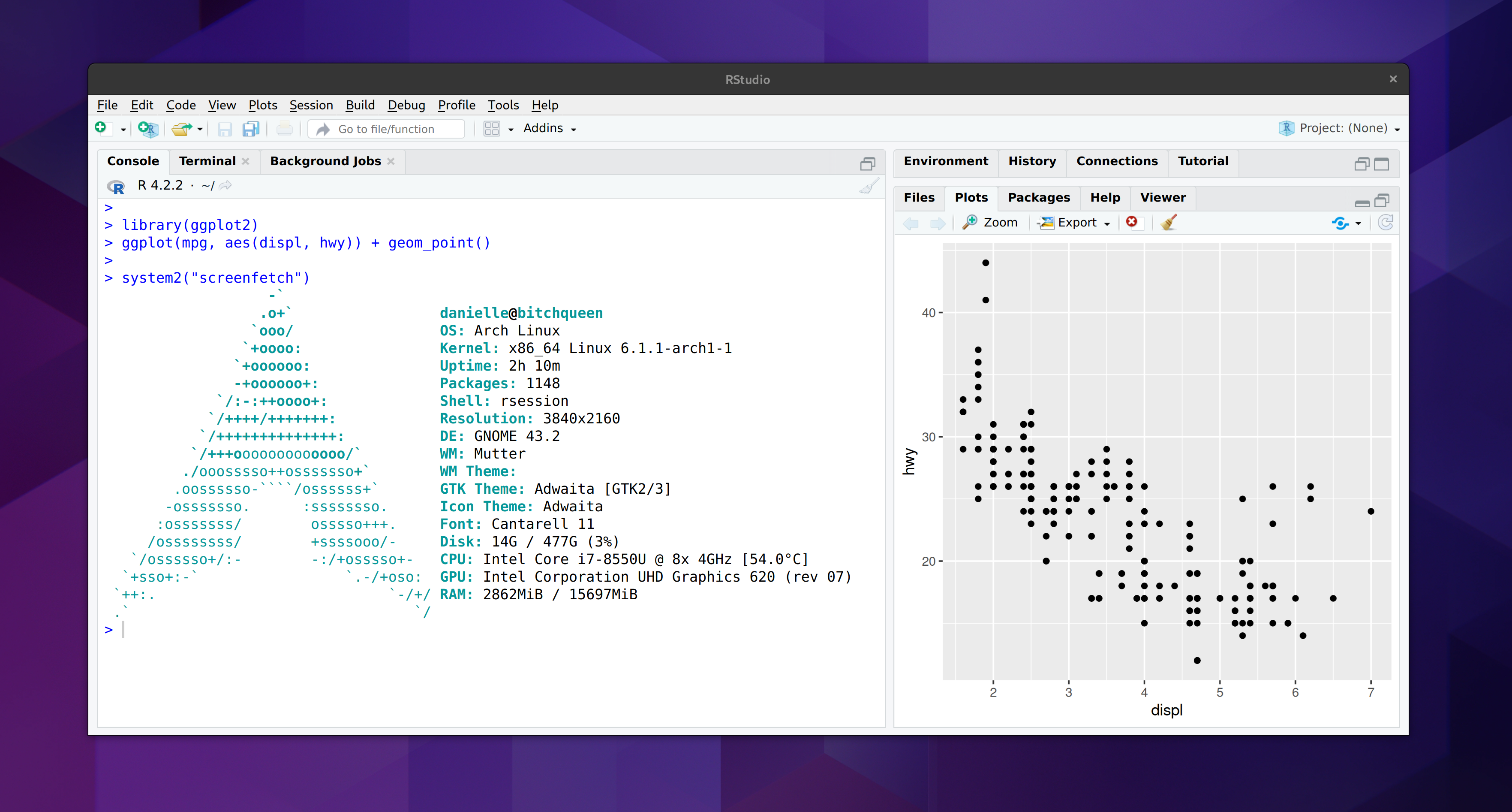 The Arch screenfetch alongside ggplot2 output, both inside RStudio