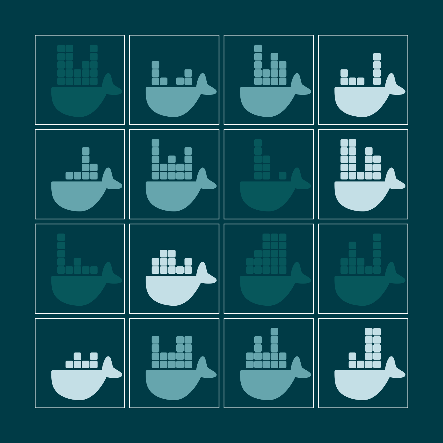 A 4x4 grid of cartoon whales, all in the style of the Docker logo