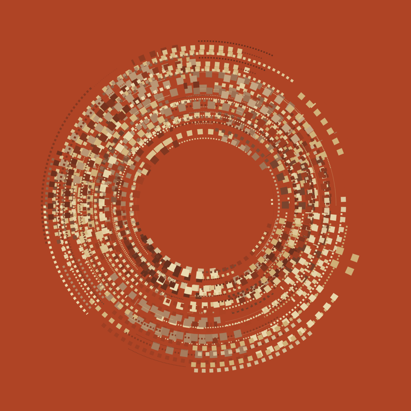 Many tan and white squares arranged in concentric circles against an orange background