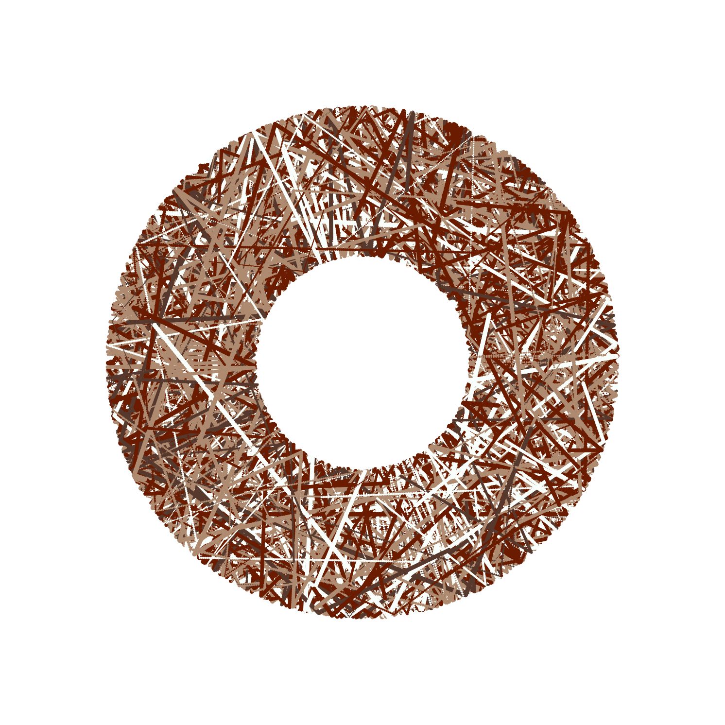 A donut shape in brown and white with many criss-crossing lines inside