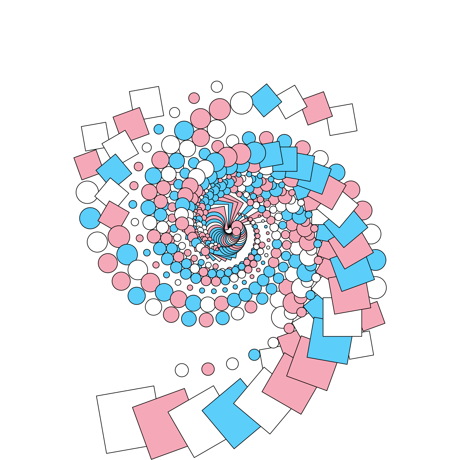 Spiralling squares and circles in blue, pink, and white