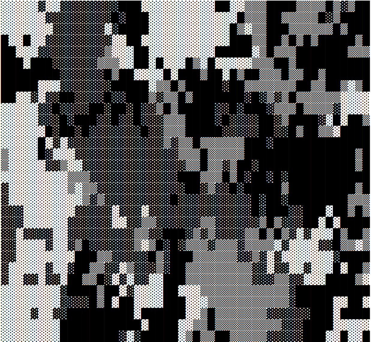 Pixellated image of black, white, and grey tiles