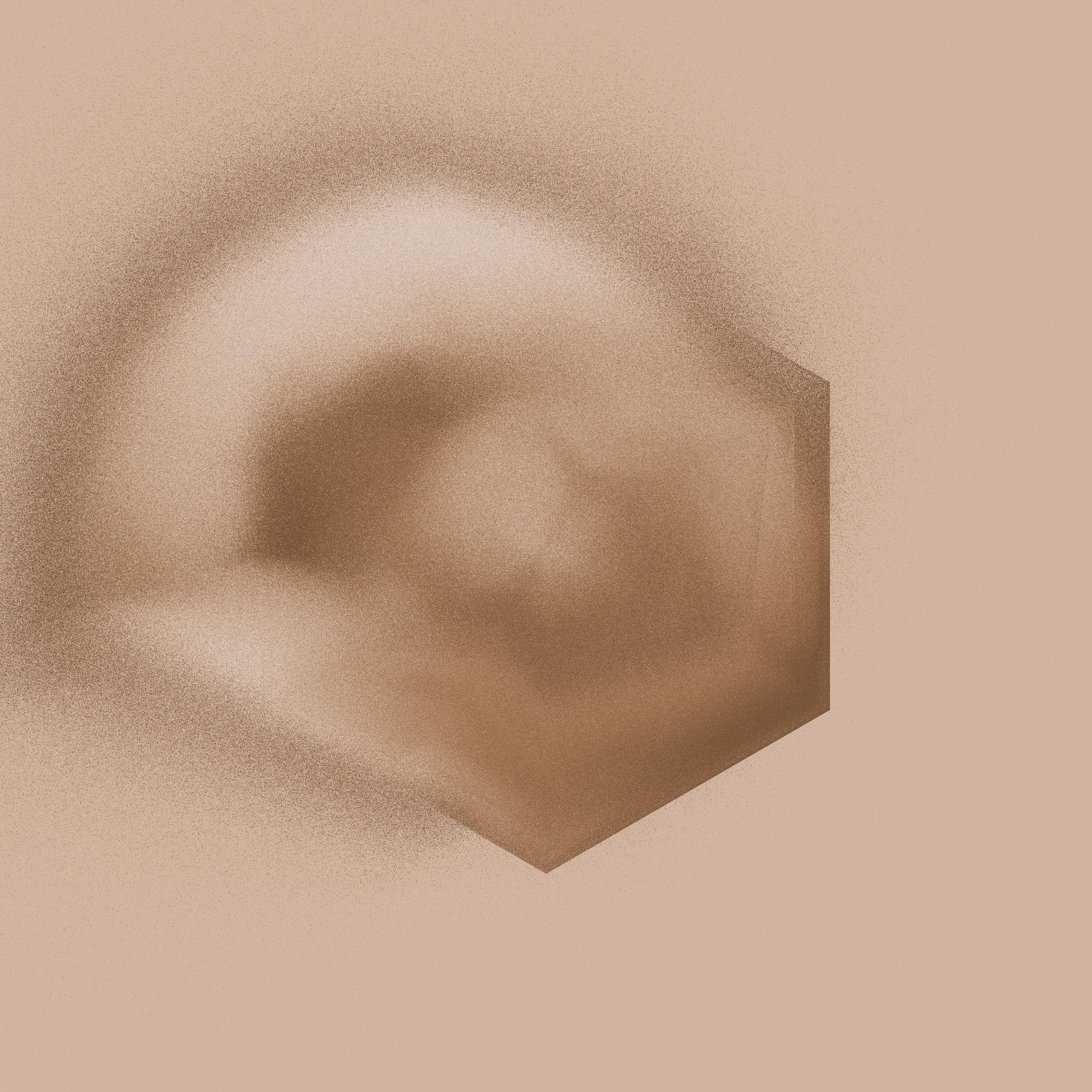 swirling brown monochrome image dominated by textured grainy hexagon that appears to be dissolving into pure noise on the left hand side