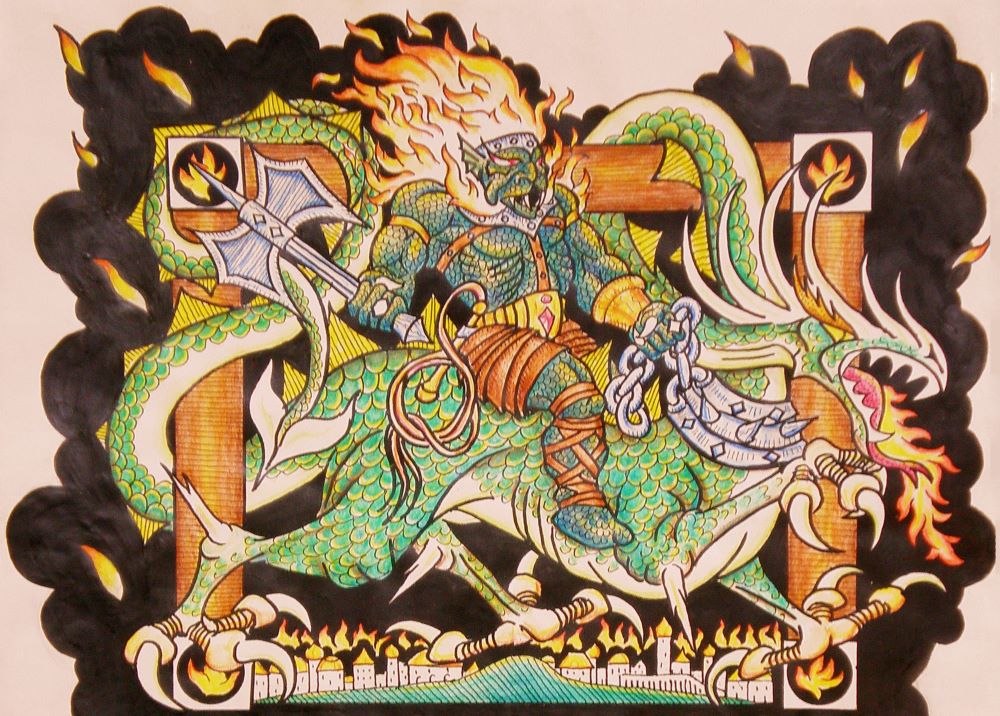 Stylised art showing a balrog riding a dragon.