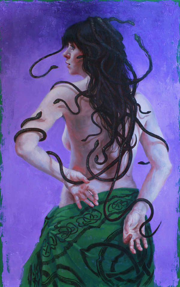 Oil painting of the mythological character, Medusa, reimagined through a contemporary feminist lens