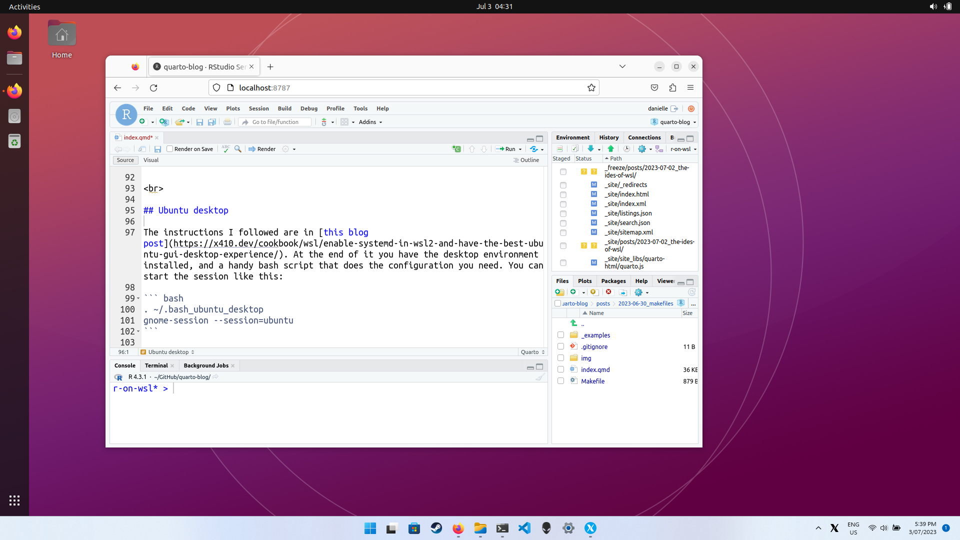 RStudio running in a browser. The browser window is within an Ubuntu desktop. The Ubuntu desktop floats above the Windows taskbar.