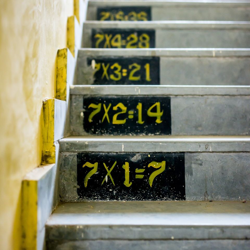 Grey and yellow photo of stairs with multiplication formulas depicted on the steps