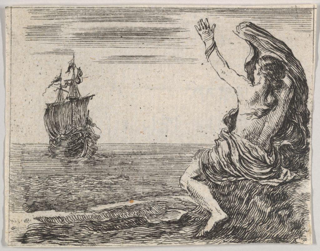 17th century etching of &#039;Theseus and Ariadne', by Stefano Della Bella