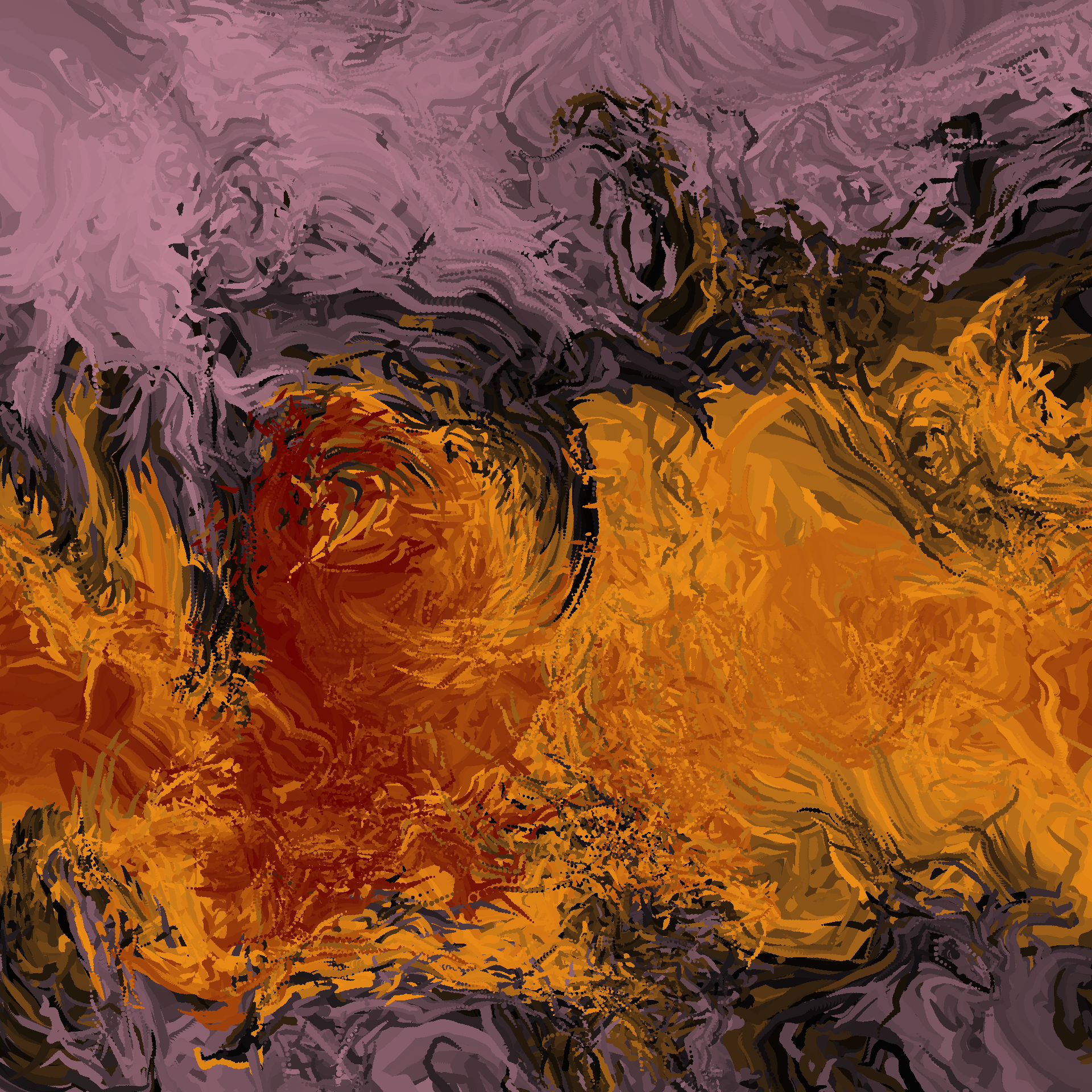 Swirling generative art in orange, red, black and pink