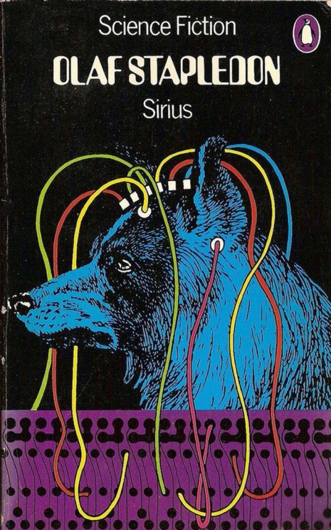 Cover art to &#039;Sirius' by Olaf Stapledon, showing a dog with electrodes on its head