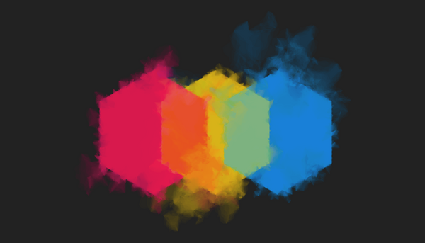 Smudged hexagons in red, yellow, and blue against a dark background