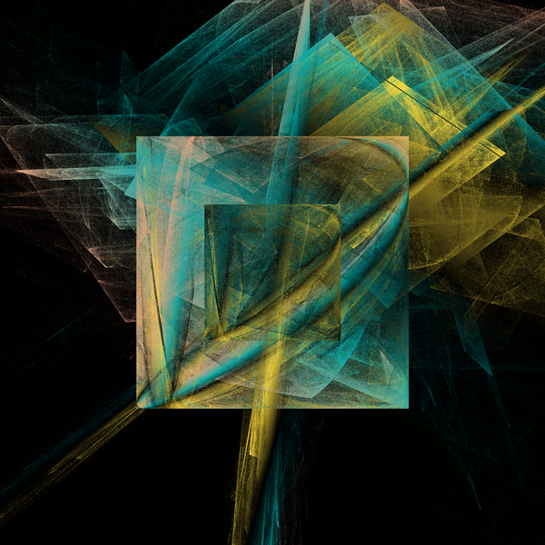 Textured generative art with grainy box shapes in yellow and blue against a dark background