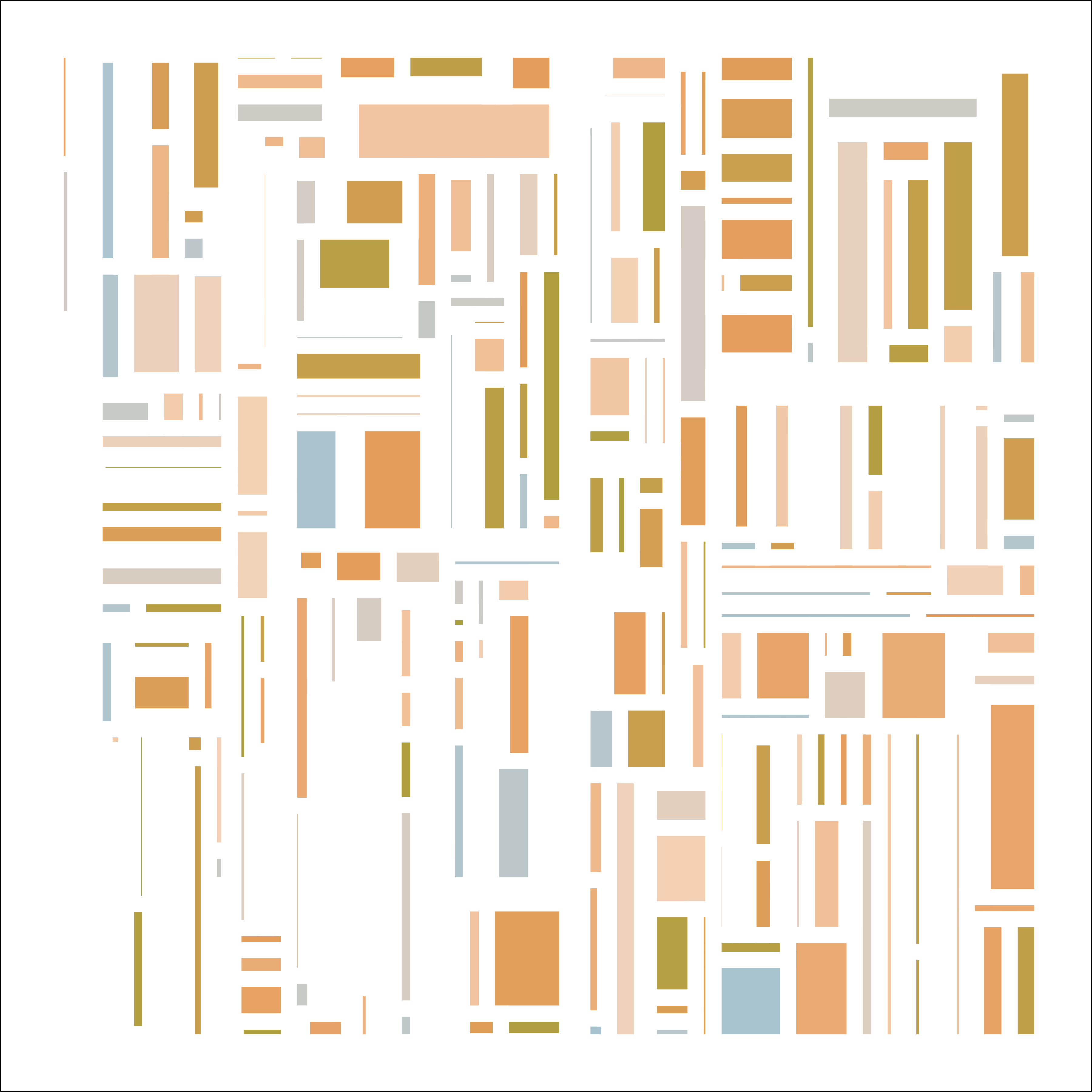 An irregular quasi-tiling of pastel coloured rectangles against a white background