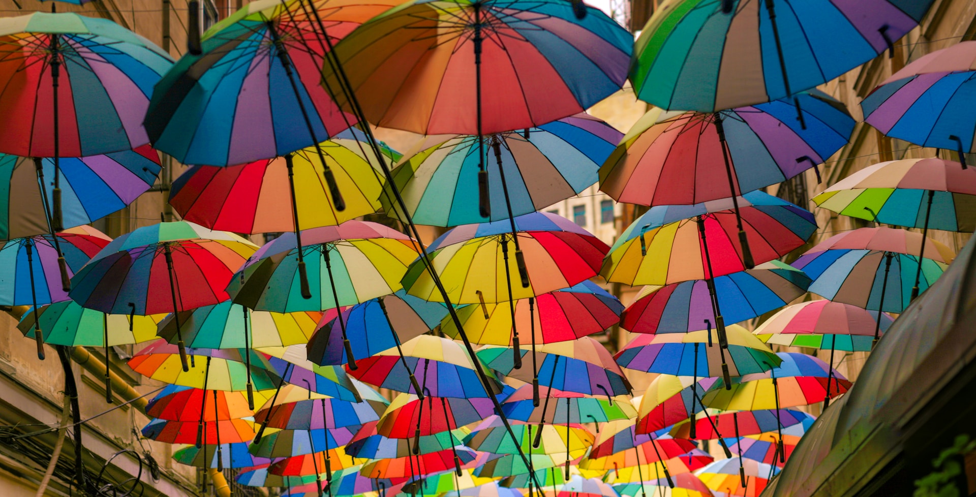 Rainbow coloured umbrellas